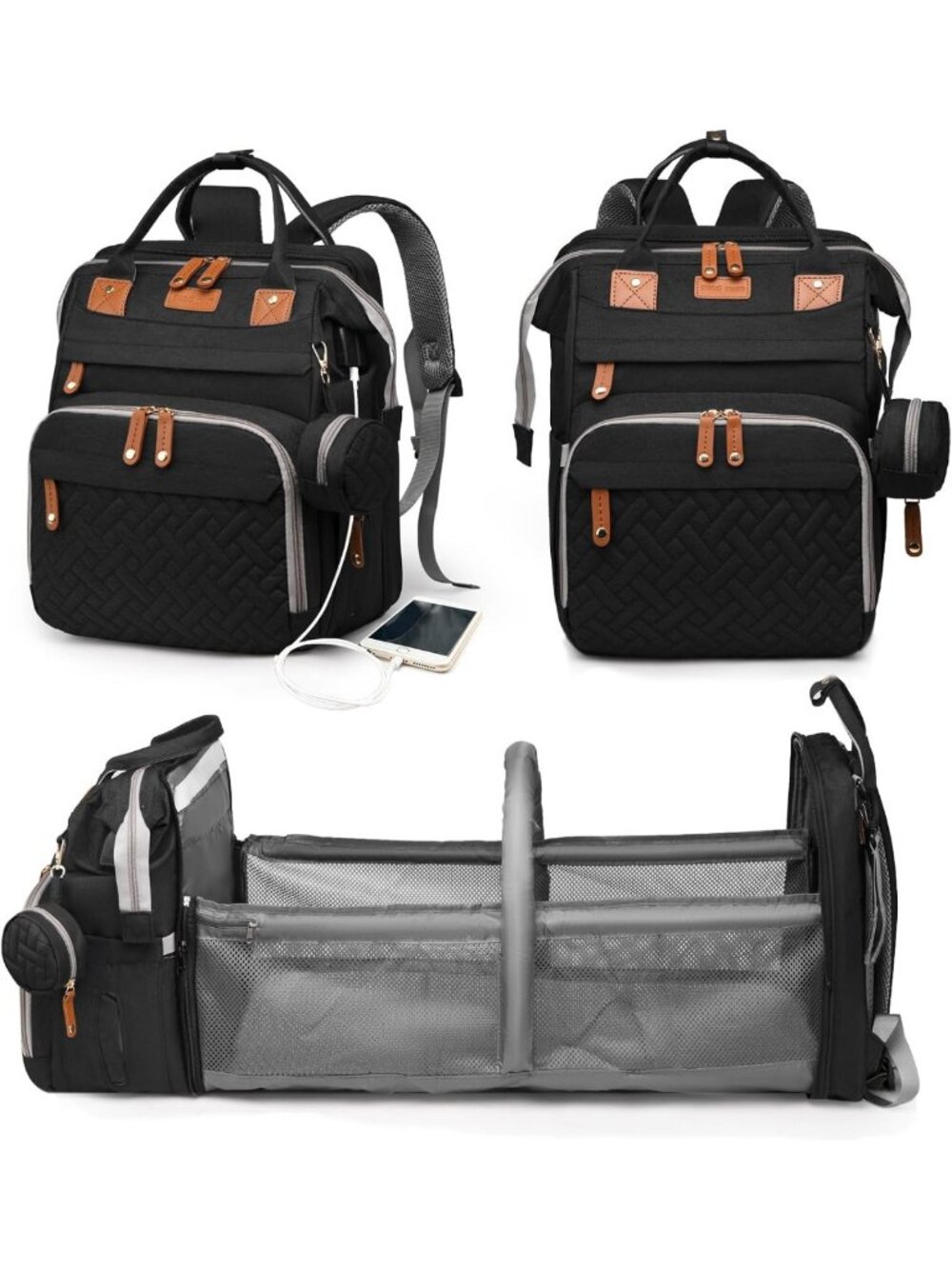 Stylish Waterproof Diaper Bag Backpack with Changing Station & USB Port, Large